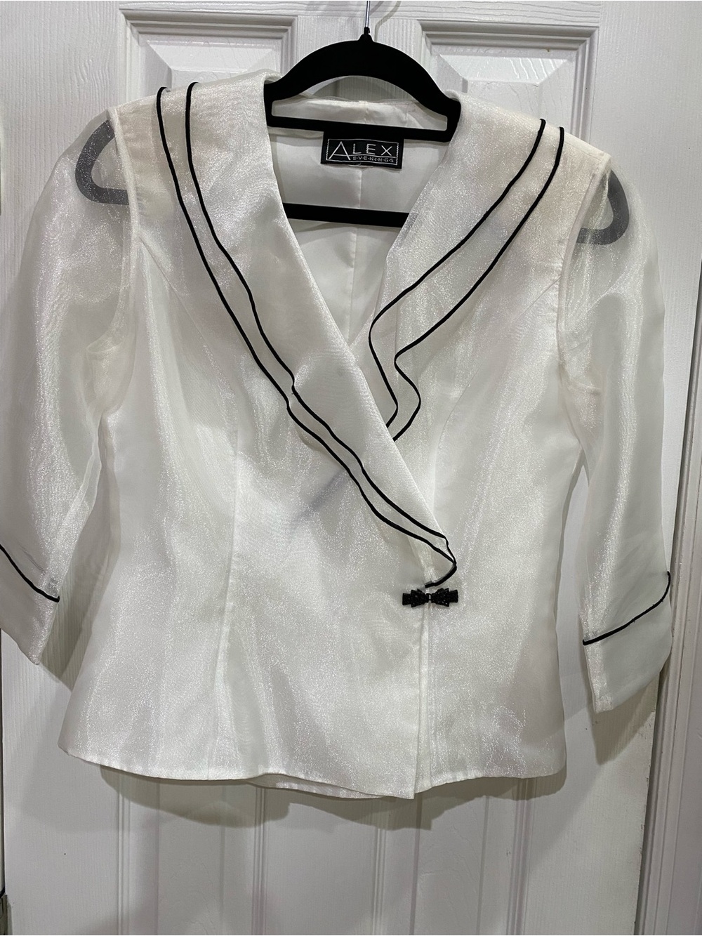 Alex Evenings White Organza Wrap Blouse with Black Trim